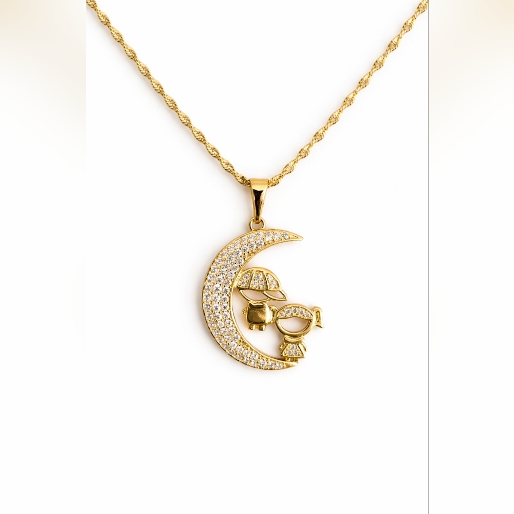 Gold Plated Moon Mom Necklace Boy Girl Pendant 22” Chain CZ Family Love Gift